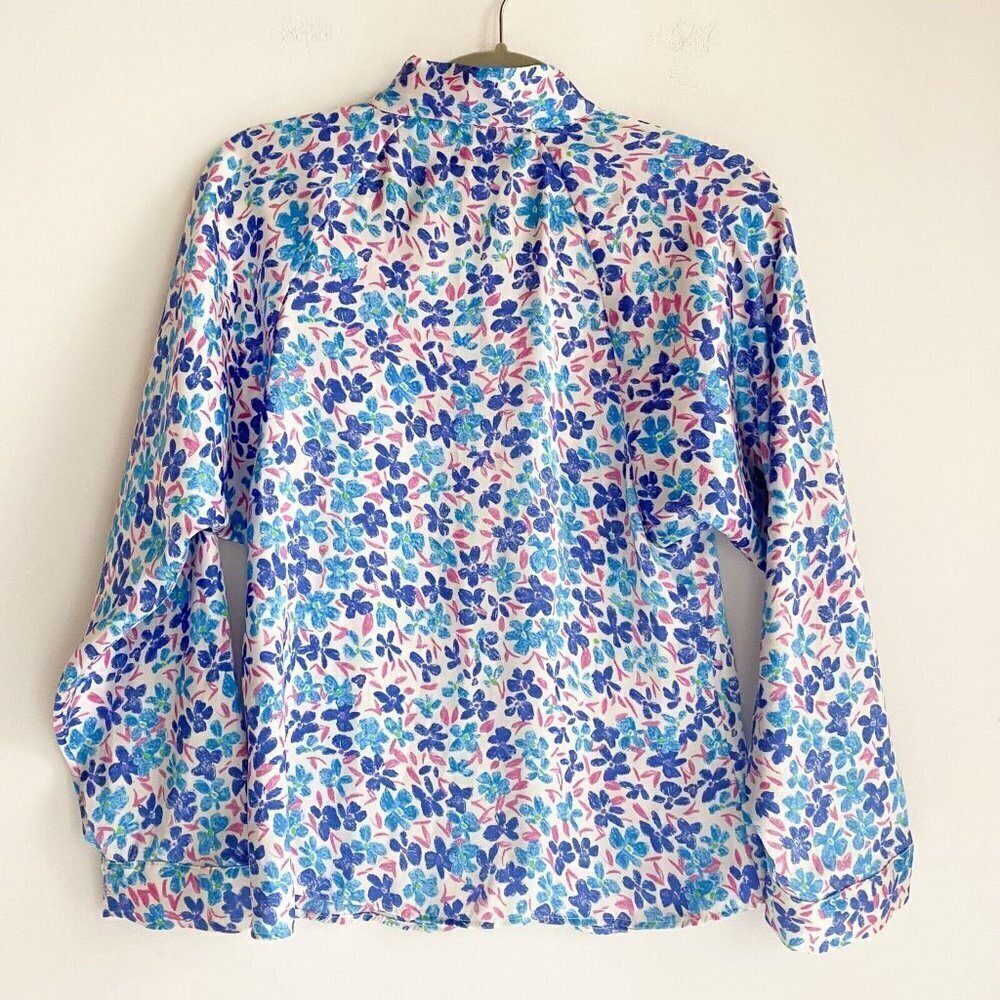 Zara Painted Floral Blue Bow Neckline Long Sleeve Blouse XS - Picture 7 of 8